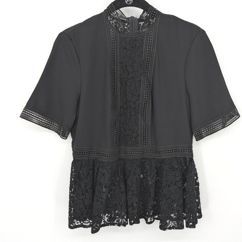 ZARA Top Whimsygoth Peplum‎ Mock Neck Womens XS Black Lace Sheer Crochet Boho